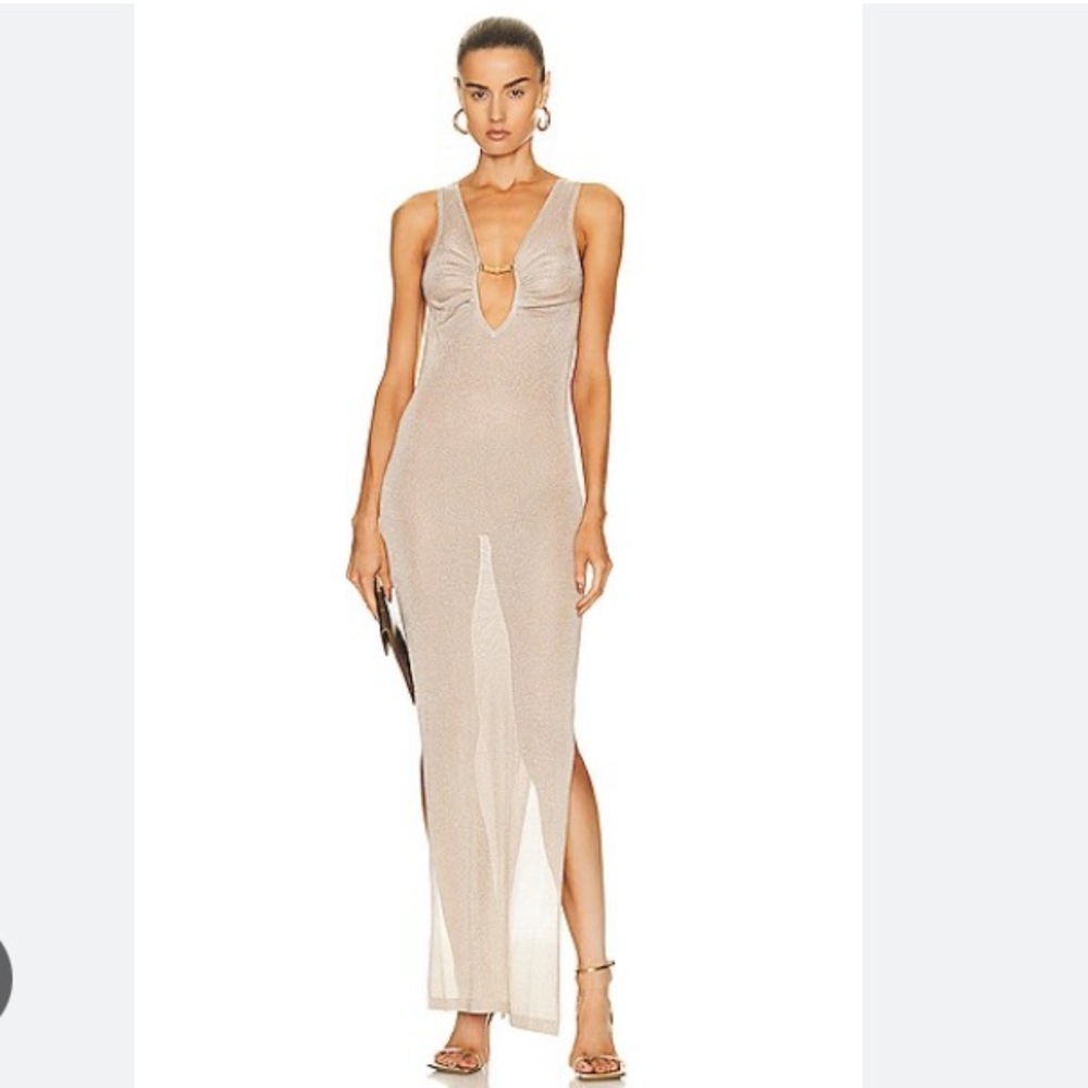 Shani Shemer Retrofete Resortwear Sheer Metallic Gold Cutout Slit Maxi Dress XS